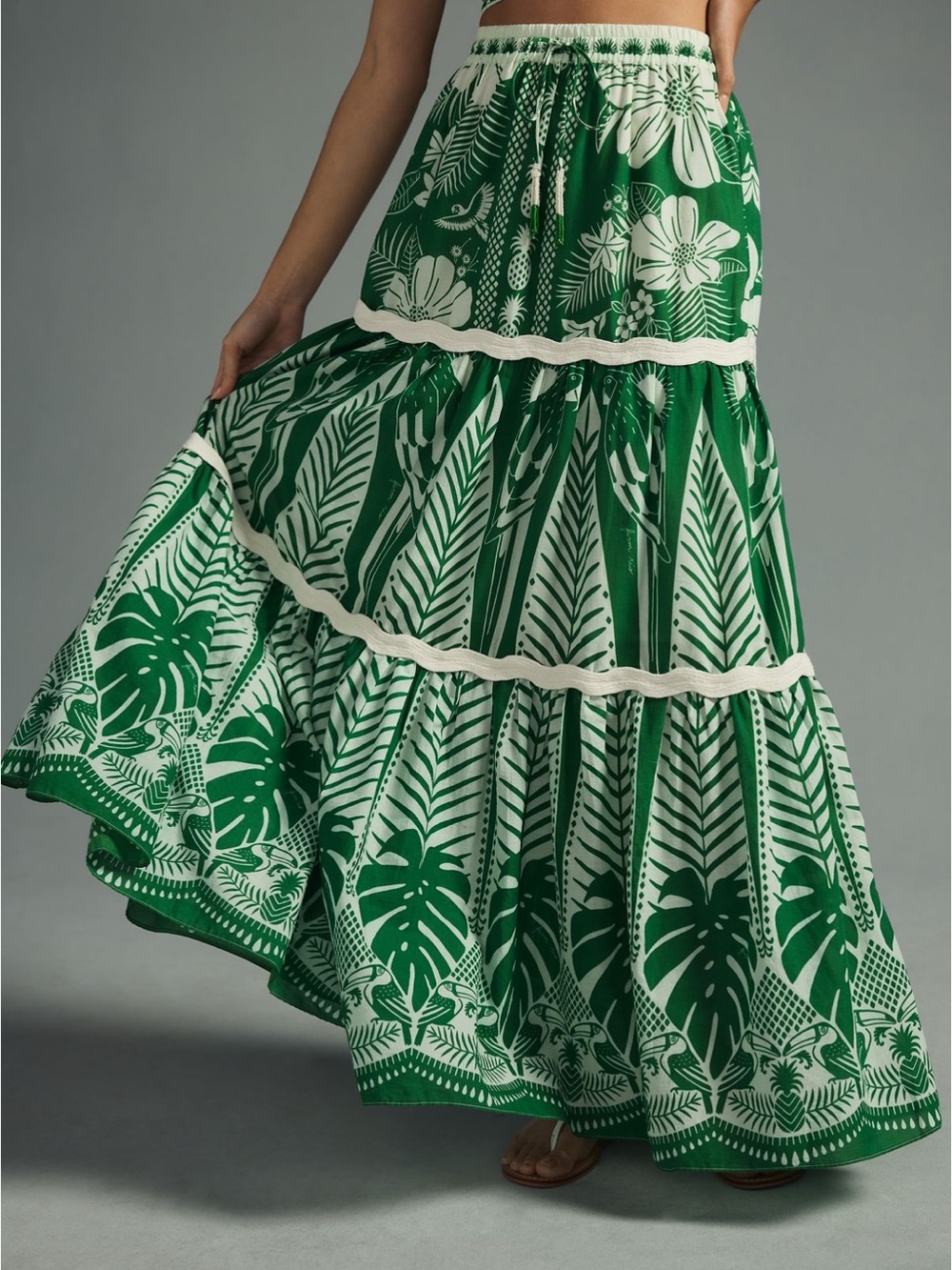 FARM Rio Green and White Tropical Tiered Maxi Skirt